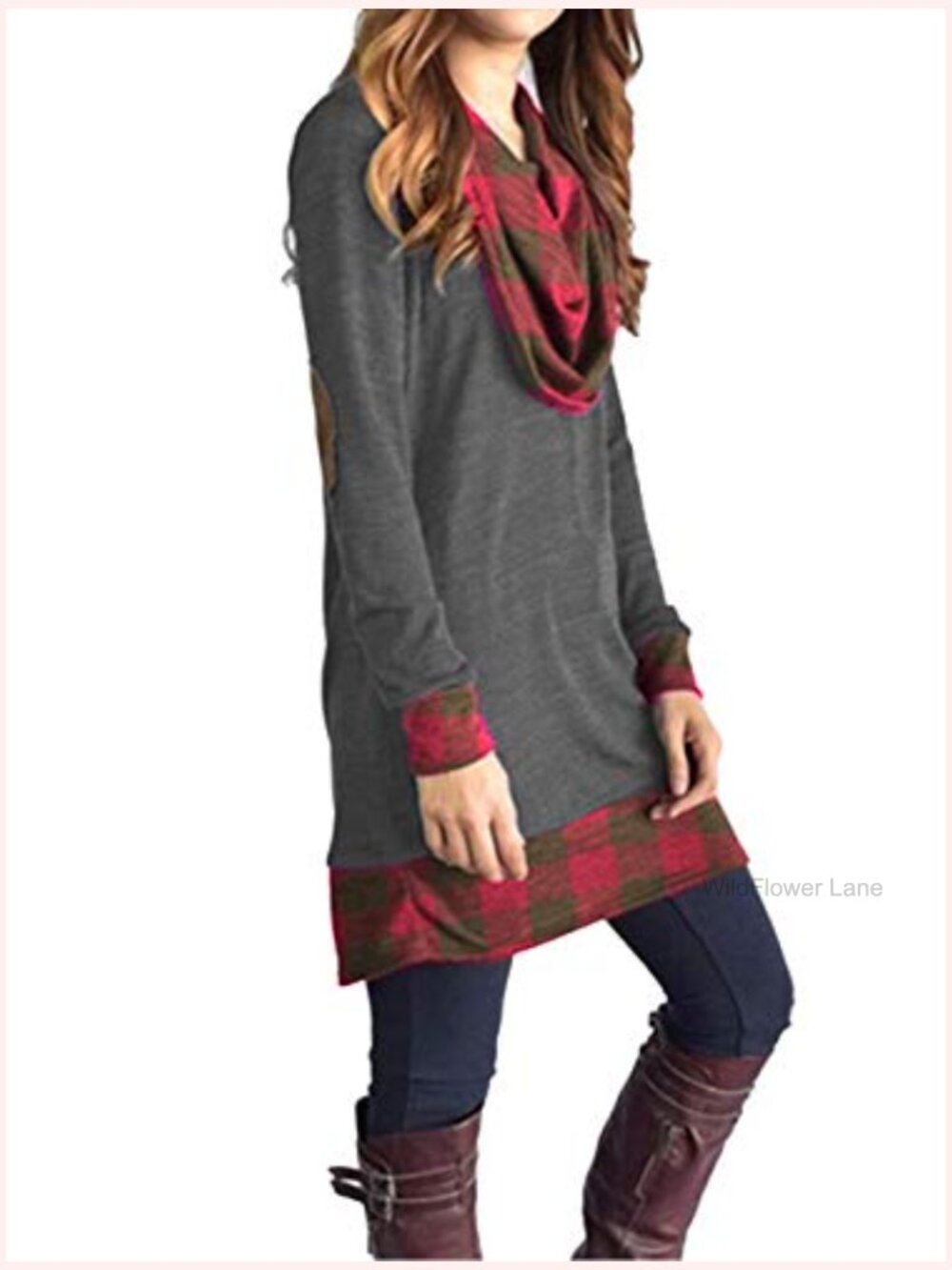 Women's Cowl Neck Color Block Tunic Top Long Sleeve Elbow Patches Loose Fit - Picture 3 of 4